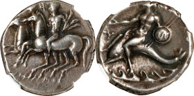 ITALY. Calabria. Tarentum. AR Didrachm (Nomos), ca. 280-272 B.C. NGC EF.
HGC-1, 885; Vlasto-773-9; HN Italy-1011. Obverse: The Dioskouroi on horses r...