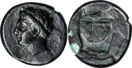 SICILY. Adranon. AE Hexas (7.01 gms), ca. 340-330 B.C. VERY FINE.
HGC-2, 44. Obverse: Laureate head of Apollo left; Reverse: Kithara. Overstruck (und...