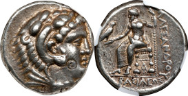 MACEDON. Kingdom of Macedon. Alexander III (the Great), 336-323 B.C. AR Tetradrachm, Arados Mint, ca. 324/3-320 B.C. NGC VF. Countermark, Graffiti.
P...