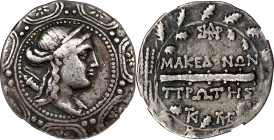 MACEDON. Under the Romans. AR Tetradrachm, Amphipolis Mint, First Meris, ca. 167-149 B.C. NGC F.
HGC-3.1, 1103. Obverse: Diademed and draped bust of ...