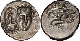 THRACE. Istros. AR Drachm, ca. 313-280 B.C. NGC Ch VF.
HGC-3.2, 1802. Obverse: Facing male heads, the left inverted; Reverse: Sea-eagle left, graspin...