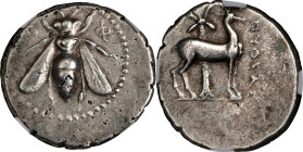 IONIA. Ephesos. AR Drachm, ca. 202-133 B.C. NGC Ch VF. Brushed.
SNG von Aulock-1851. Pytheas, magistrate. Obverse: Bee; Reverse: Stag standing right;...