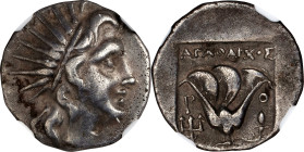 CARIA. Islands off Caria. Rhodes. AR Drachm, ca. 190-170 B.C. NGC Ch VF.
HGC-6, 1457. 'Plinthophoric' coinage. Agatharkhos, magistrate. Obverse: Radi...