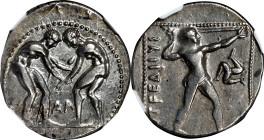 PAMPHYLIA. Aspendos. AR Stater (10.78 gms), ca. 380-325 B.C. NGC Ch EF, Strike: 3/5 Surface: 4/5.
SNG Cop-229. Obverse: Two wrestlers grappling, AA b...