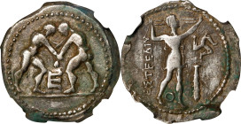PAMPHYLIA. Aspendos. AR Stater, ca. 325-250 B.C. NGC F. Marks.
SNG BN-124; SNG von Aulock-4574. Obverse: Two wrestlers grappling, E between; Reverse:...