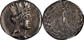 SYRIA. Phoenicia. Arados. AR Tetradrachm, Year 181 (79/8 B.C.). NGC Ch VF.
HGC-10, 72. Obverse: Turreted, veiled and draped bust of Tyche right; Reve...