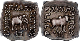 BAKTRIA. Greco-Baktria Kingdom. Apollodotos I, ca. 174-165 B.C. AR Square Drachm, Gandhara Mint. ANACS VF-30.
HGC-12, 119. Obverse: Elephant trodding...