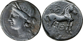 ZEUGITANA. Carthage. Second Punic War. AE Trishekel (17.80 gms), ca. 220-215 B.C. VERY FINE.
MAA-84; SNG-Cop 344. Obverse: Head of Tanit to left, wea...