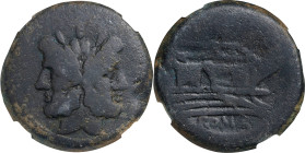 ROMAN REPUBLIC. AE As, Uncertain Mint, After 211 B.C. NGC F.
Cr-56/2; Syd-143. Obverse: Laureate head of bearded Janus; I (mark of value) above; Reve...