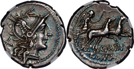 ROMAN REPUBLIC. C. Maianius. AR Denarius, Rome Mint, 153 B.C. NGC EF.
Cr-203/1A; Syd-427. Obverse: Helmeted head of Roma to right; X (mark of value) ...
