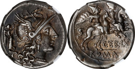 ROMAN REPUBLIC. C. Terentius Lucanus. AR Denarius, Rome Mint, 147 B.C. NGC Ch VF.
Cr-217/1; S-93; Syd-425. Obverse: Helmeted head of Roma right; to l...