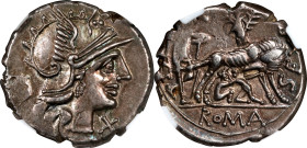 ROMAN REPUBLIC. S. Pompeius Fostlus. AR Denarius, Rome Mint, ca. 137 B.C. NGC EF.
Cr-235/1; Syd-461. Obverse: Helmeted head of Roma right; capis to l...