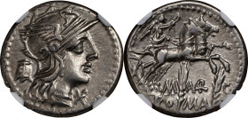 ROMAN REPUBLIC. M. Marcius Mn.f. AR Denarius, Rome Mint, ca. 134 B.C. NGC EF. Scuff.
Cr-245/1; Syd-500. Obverse: Helmeted head of Roma facing right, ...