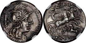 ROMAN REPUBLIC. Cn. Domitius L.f. Ahenobarbus. AR Denarius, Rome Mint, ca. 128 B.C. NGC AU.
Cr-261/1; Syd-514. Obverse: Helmeted head of Roma right; ...