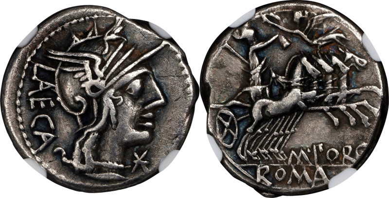 ROMAN REPUBLIC. M. Porcius Laeca. AR Denarius, Rome Mint, ca. 125 B.C. NGC VF.
...