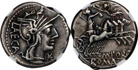 ROMAN REPUBLIC. M. Porcius Laeca. AR Denarius, Rome Mint, ca. 125 B.C. NGC VF.
Cr-270/1; Syd-513. Obverse: Helmeted head of Roma right; mark of value...