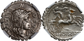 ROMAN REPUBLIC. L. Porcius Licinius. AR Denarius Serratus (3.86 gms), Narbo Mint, ca. 118 B.C. NGC Ch VF, Strike: 5/5 Surface: 3/5.
Cr-282/5; Syd-520...
