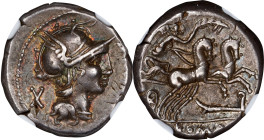 ROMAN REPUBLIC. M. Cipius M.f. AR Denarius (3.93 gms), Rome Mint, 115-114 B.C. NGC EF.
Cr-289/1; Syd-546. Obverse: Helmeted head of Roma right; X (ma...