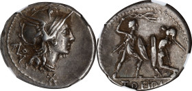 ROMAN REPUBLIC. T. Didius. AR Denarius, Rome Mint, 113-112 B.C. NGC EF.
Cr-294/1; Syd-550. Obverse: Helmeted head of Roma right, monogram left, mark ...