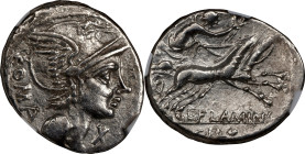 ROMAN REPUBLIC. L. Flaminius Chilo. AR Denarius, Rome Mint, ca. 109/8 B.C. NGC Ch VF.
Cr-302/1; S-179; Syd-540. Obverse: Helmeted head of Roma Right;...