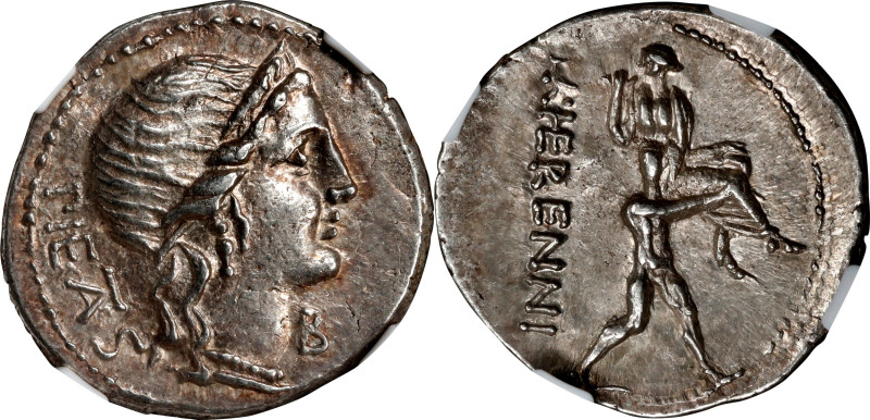 ROMAN REPUBLIC. M. Herennius. AR Denarius, Rome Mint, ca. 108/7 B.C. NGC Ch EF....