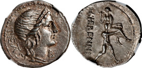 ROMAN REPUBLIC. M. Herennius. AR Denarius, Rome Mint, ca. 108/7 B.C. NGC Ch EF.
Cr-308/1A; Syd-567. Obverse: Diademed head of Pietas right, control m...