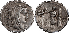 ROMAN REPUBLIC. L. Thorius Balbus. AR Denarius Serratus, Rome Mint, 105 B.C. NGC VF.
Cr-316/1; Syd-598. Obverse: Head of Juno Sospita right, wearing ...