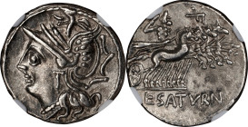 ROMAN REPUBLIC. L. Appuleius Saturninus. AR Denarius, Rome Mint, ca. 104 B.C. NGC EF.
Cr-317/3A; Syd-578. Obverse: Helmeted head of Roma left; Revers...