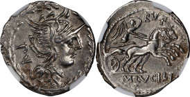ROMAN REPUBLIC. M. Lucilius Rufus. AR Denarius, Rome Mint, ca. 101 B.C. NGC EF.
Cr-324/1; S-202; Syd-599. Obverse: helmeted head of Roma right, lette...