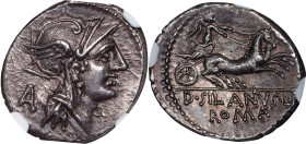 ROMAN REPUBLIC. D. Silanus L.f. AR Denarius (3.88 gms), Rome Mint, 91 B.C. NGC Ch AU, Strike: 4/5 Surface: 5/5.
Cr-337/3; Syd-646. Obverse: Helmeted ...