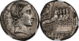 ROMAN REPUBLIC. C. Vibius C.f. Pansa. AR Denarius, Rome Mint, ca. 90 B.C. NGC VF. Edge Chip.
Cr-342/5B; Syd-684. Obverse: Laureate head of Apollo rig...