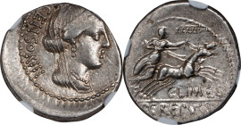ROMAN REPUBLIC. Pub. Crepusius, C. Mamilius Limetanus, and L. Censorinus. AR Denarius, Rome Mint, 82 B.C. NGC EF.
Cr-360/1B; Syd-736A. Obverse: Veile...