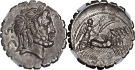 ROMAN REPUBLIC. Q. Antonius Balbus. AR Denarius Serratus, Rome Mint, ca. 83/2 B.C. NGC AU.
Cr-364/1D; Syd-742B. Obverse: Laureate head of Jupiter rig...