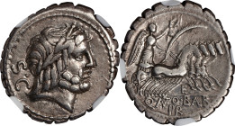 ROMAN REPUBLIC. Q. Antonius Balbus. AR Denarius Serratus, Rome Mint, ca. 83/2 B.C. NGC VF.
Cr-364/1D; Syd-742B. Obverse: Laureate head of Jupiter rig...