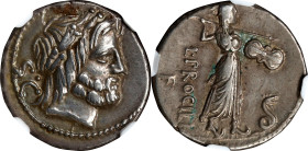 ROMAN REPUBLIC. L. Procilius. AR Denarius, Rome Mint, ca. 80 B.C. NGC Ch VF.
Cr-379/1; Syd-771. Obverse: Laureate head of Jupiter right; Reverse: Jun...