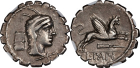 ROMAN REPUBLIC. L. Papius. AR Denarius Serratus, Rome Mint, ca. 79 B.C. NGC VF. Scratches, Punch Mark.
Cr-384/1; Syd-773. Obverse: Head of Juno Sospi...