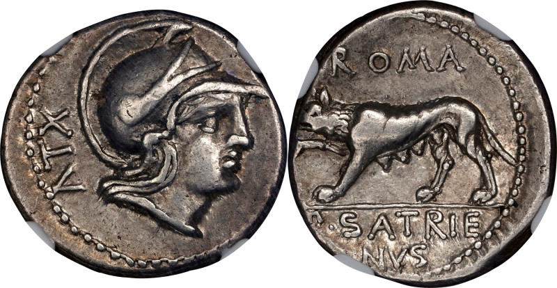 ROMAN REPUBLIC. P. Satrienus. AR Denarius, Rome Mint, 77 B.C. NGC Ch VF.
Cr-388...