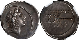 ROMAN REPUBLIC. M. Plaetorius M.f. Cestianus. AR Denarius, Rome Mint, 57 B.C. NGC EF.
Cr-405/5; Syd-807. Obverse: Young male head (Bonus Eventus) rig...