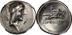 ROMAN REPUBLIC. C. Calpurnius Piso L.f. Frugi. AR Denarius, Rome Mint, ca. 67 B.C. NGC VF. Brushed, Banker's Mark.
Cr-408/1A; Syd-851I. Obverse: Head...