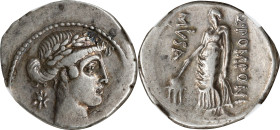ROMAN REPUBLIC. Q. Pomponius Musa. AR Denarius (3.81 gms), Rome Mint, 56 B.C. NGC Ch VF, Strike: 4/5 Surface: 5/5.
Cr-410/8; Syd-823. Obverse: Laurea...