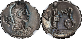 ROMAN REPUBLIC. L. Roscius Fabatus. AR Denarius Serratus (3.91 gms), Rome Mint, 59 B.C.
Cr-412/1; Syd-915. Obverse: Head of Juno Sospita right, weari...
