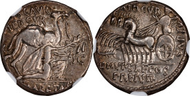 ROMAN REPUBLIC. M. Aemilius Scaurus & P. Plautius Hypsaeus. AR Denarius, ca. 58 B.C. NGC EF.
Cr-422/1B; S-379; Syd-913. Obverse: King Aretas of Nabat...