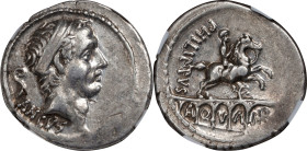 ROMAN REPUBLIC. L. Marcius Philippus. AR Denarius, Rome Mint, 57 B.C. NGC EF. Marks.
Cr-425/1; Syd-919. Obverse: Diademed head of Ancus Marcius right...