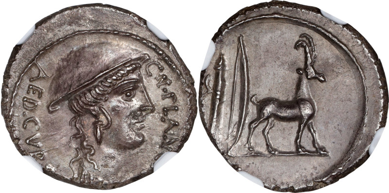 ROMAN REPUBLIC. Cn. Plancius. AR Denarius (3.96 gms), Rome Mint, 55 B.C. NGC MS,...