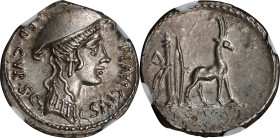 ROMAN REPUBLIC. Cn. Plancius. AR Denarius (3.85 gms), Rome Mint, 55 B.C. NGC Ch AU, Strike: 4/5 Surface: 5/5.
Cr-432/1; Syd-933. Obverse: Female head...