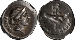 ALBINUS BRUTI F. AR Denarius, Rome Mint, 48 B.C. NGC EF.
Cr-450/2; CRI-26; Syd-942. Obverse: Bare head of Pietas right; Reverse: Clasped right hands ...