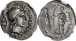 POMPEY JUNIOR. AR Denarius, Corduba Mint; Marcus Poblicius, legatus pro praetore, 46-45 B.C. NGC EF. Edge Marks, Scratches.
Cr-469/1A; CRI-48; Syd-10...