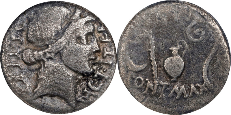 JULIUS CAESAR. AR Denarius, Uncertain Mint, possibly Utica, 46 B.C. ANACS FINE 1...