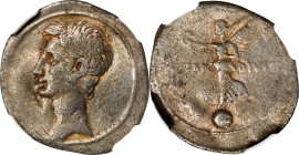 OCTAVIAN. AR Denarius, Uncertain Mint in Italy, ca. 32-29 B.C. NGC Ch F. Scuff.
RIC-254B; RSC-64. Obverse: Bare head of Octavian left; Reverse: Victo...