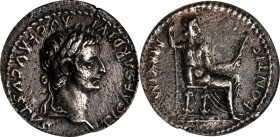 TIBERIUS, A.D. 14-37. AR Denarius, Lugdunum Mint, ca. A.D. 15-18. ANACS EF-40. Corroded.
RIC-28; RSC-16B. "Tribute Penny" type. Obverse: Laureate hea...